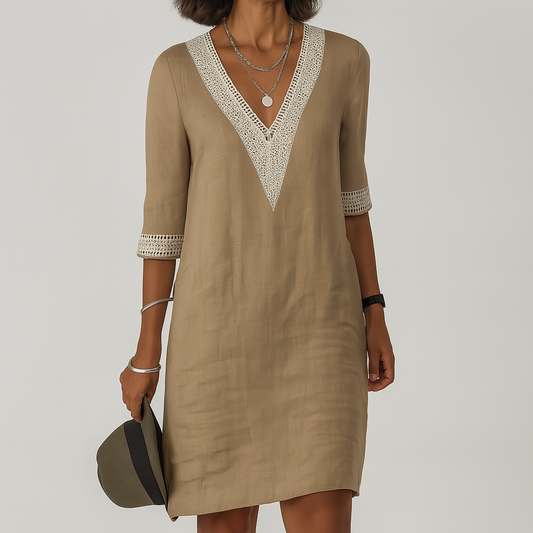 Glevato | Women's V-Neck Crochet Trim Linen Blend Dress