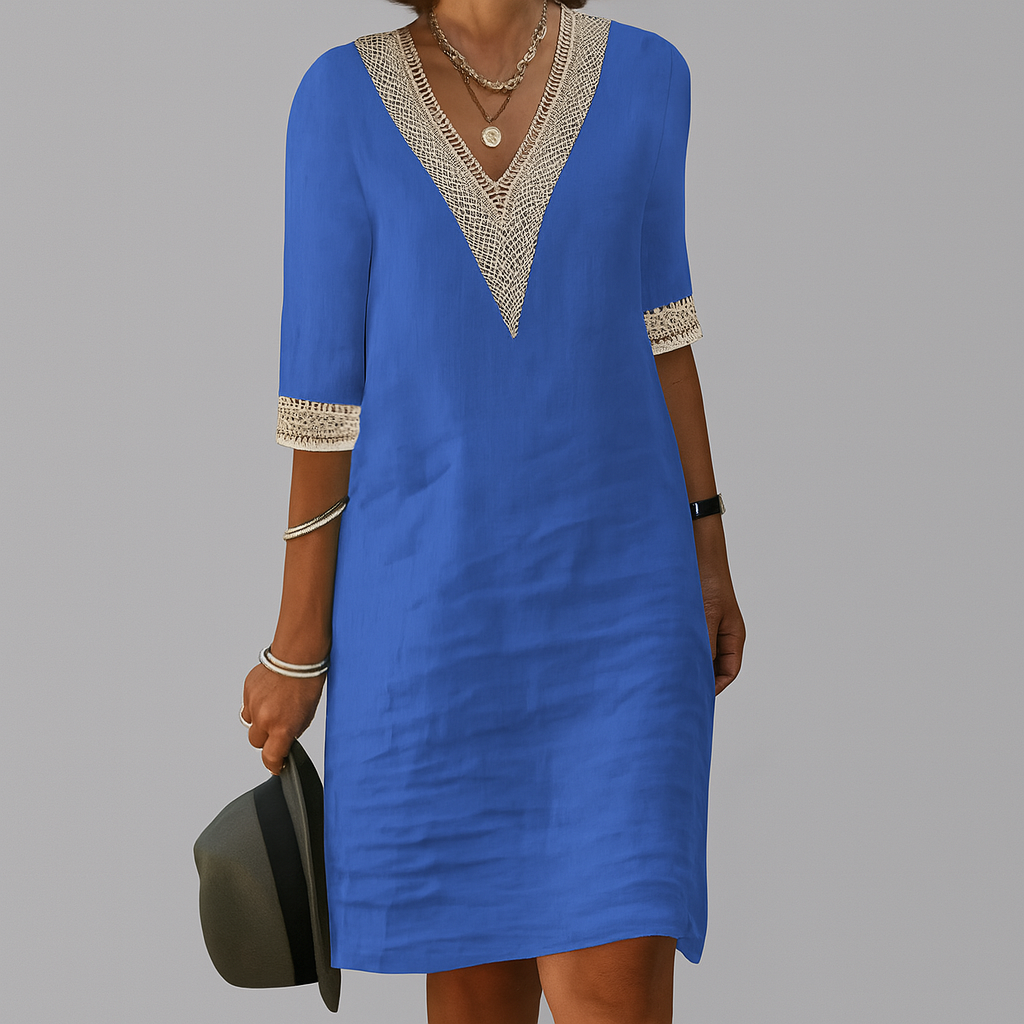 Glevato | Women's V-Neck Crochet Trim Linen Blend Dress