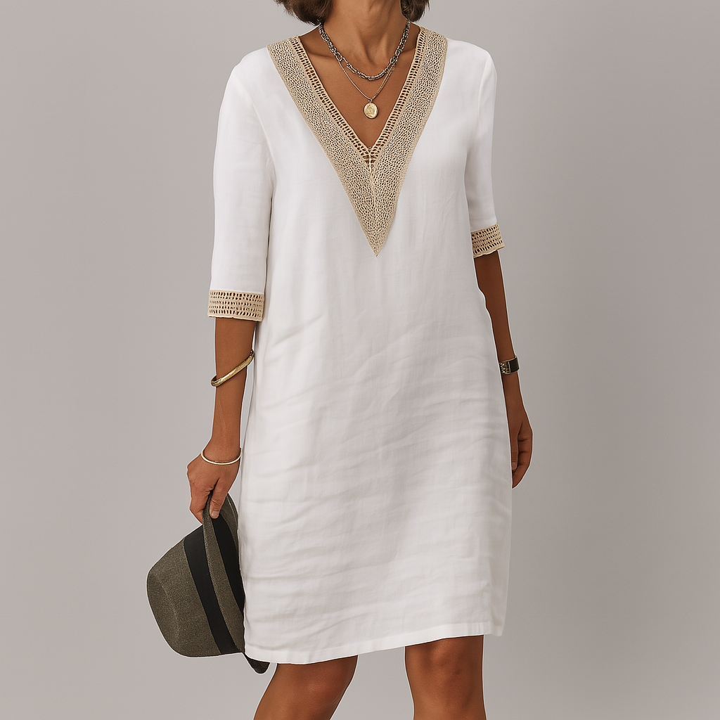 Glevato | Women's V-Neck Crochet Trim Linen Blend Dress