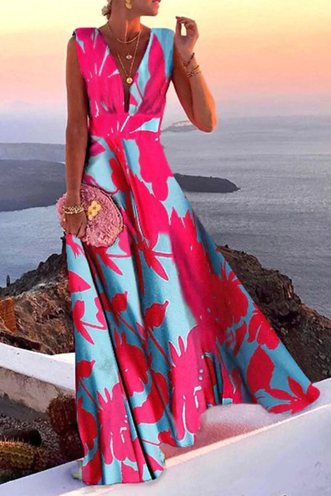 Glevato | Women's V-Neck Maxi Dress with Geometric Print
