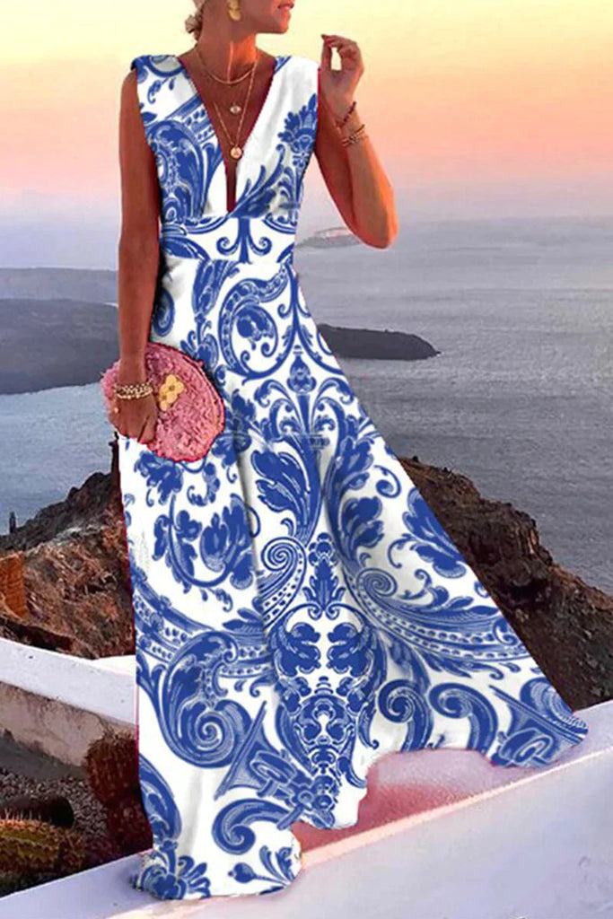 Glevato | Women's V-Neck Maxi Dress with Geometric Print