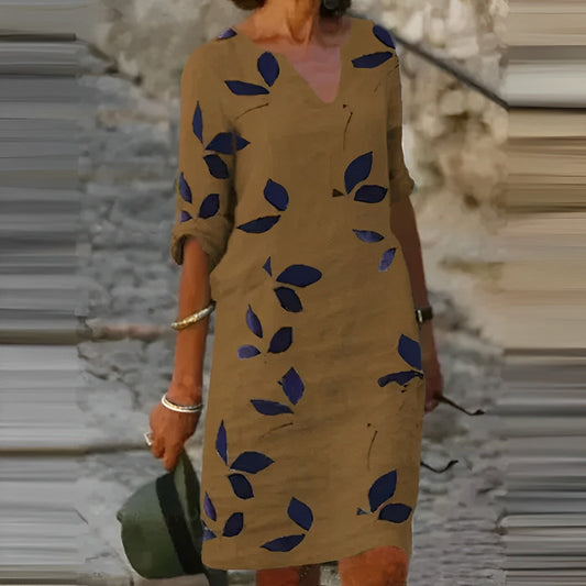 Glevato | Women's V-Neck Midi Dress Leaf Print