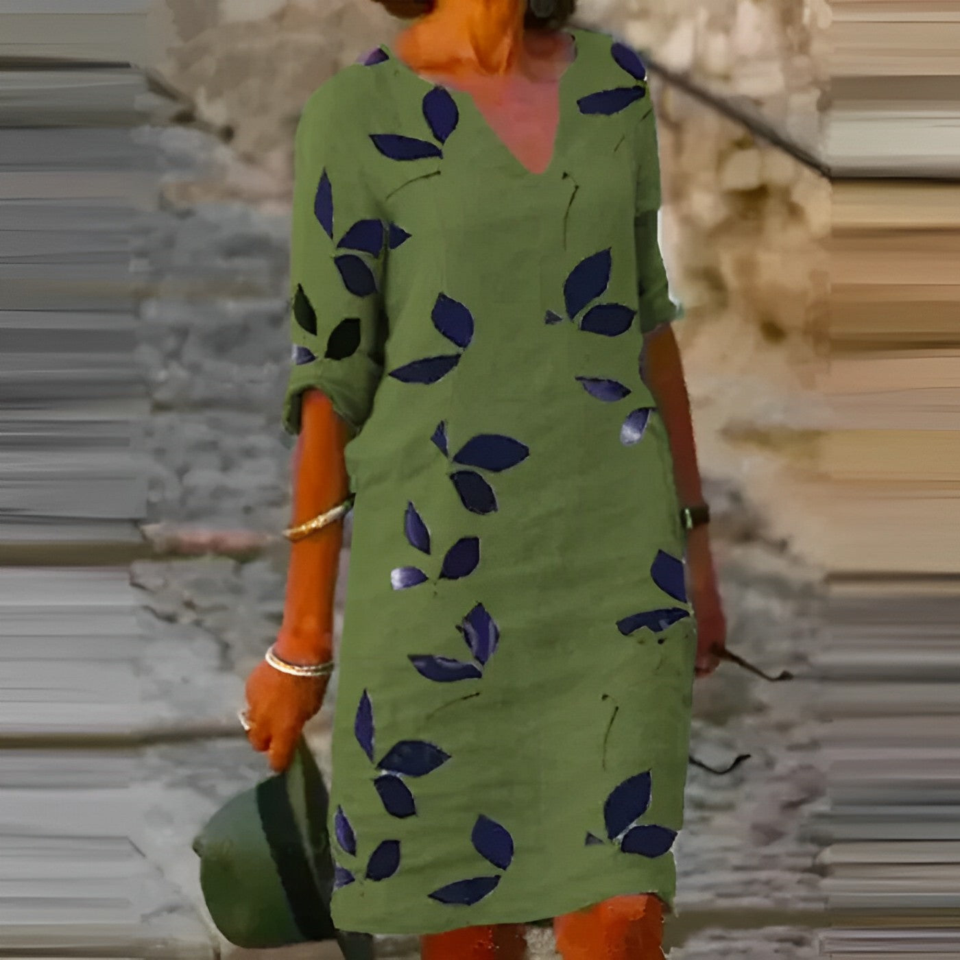 Glevato | Women's V-Neck Midi Dress Leaf Print