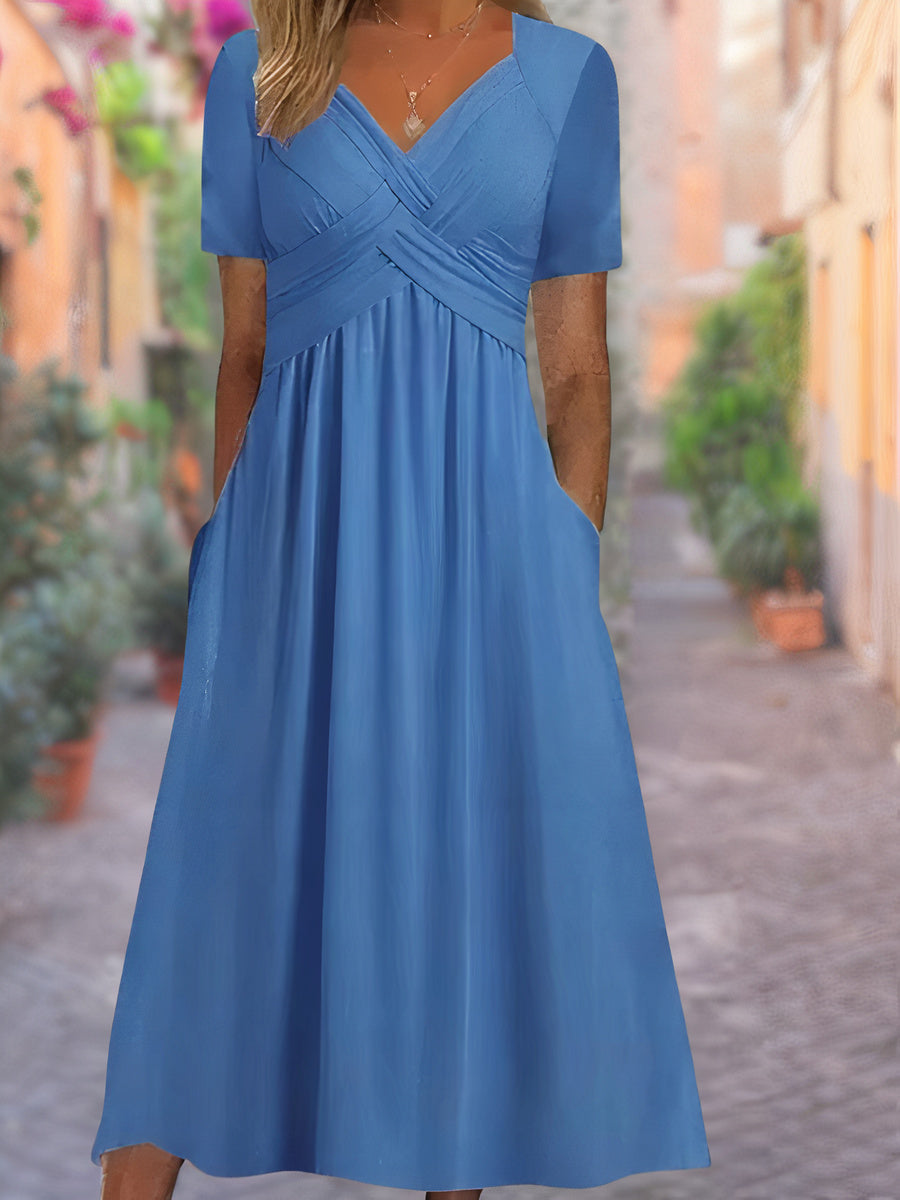 Glevato | Women's V-Neck Midi Dress with Smocked Bodice