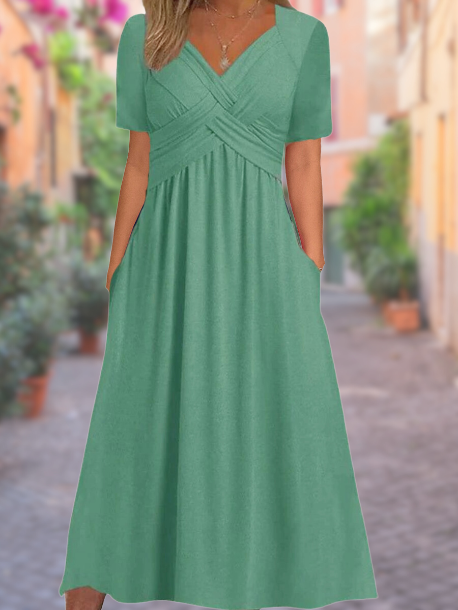 Glevato | Women's V-Neck Midi Dress with Smocked Bodice
