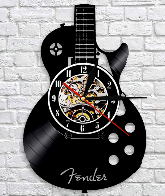 Zegar ścienny z winylowej płyty z gitarą — unikalny design dla miłośników muzyki