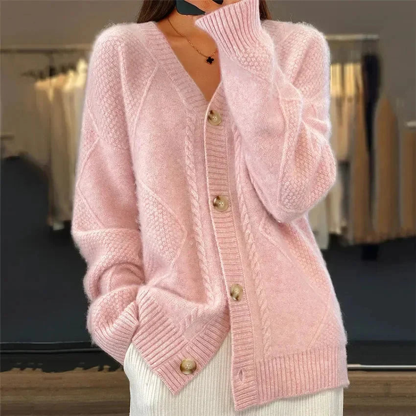 Kardigan damski – miękka dzianina kaszmirowa z guzikami i eleganckimi długimi rękawami