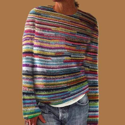 Kolorowy damski sweter o grubym splocie i wygodnym kroju – miękki dzianinowy sweter oversize w kolorowy wzór na jesień i zimę