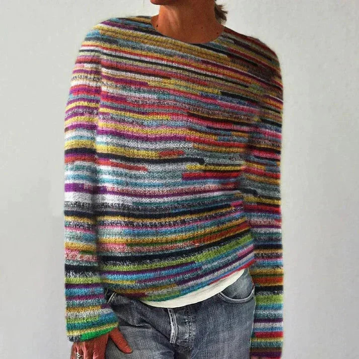 Kolorowy damski sweter o grubym splocie i wygodnym kroju – miękki dzianinowy sweter oversize w kolorowy wzór na jesień i zimę