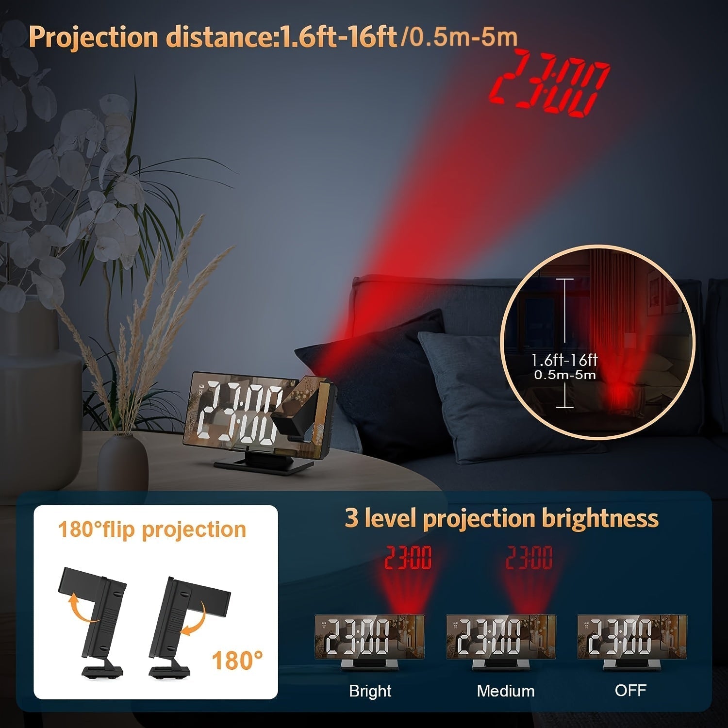 LED Projection Alarm Clock with 180° Adjustable Projection – Clear Display and Snooze Function for Bedroom or Office