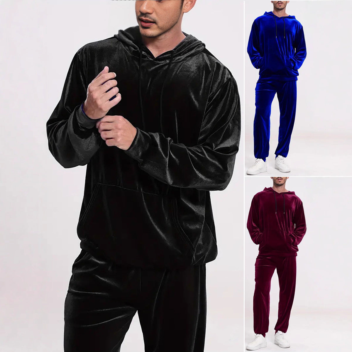 Męski dres welurowy z bluzą z kapturem i spodniami typu jogger