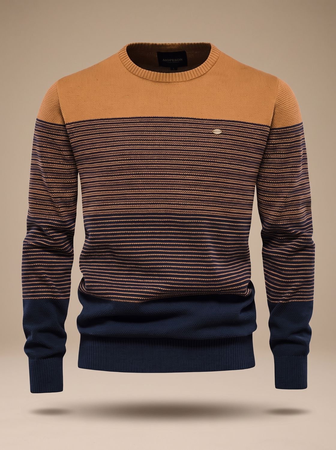 Męski dzianinowy sweter w paski z okrągłym dekoltem typu color block