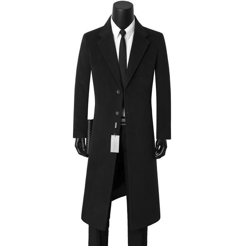 Męski jednorzędowy długi płaszcz o dopasowanym kroju do kolan z kołnierzem z klapami klasycznymi