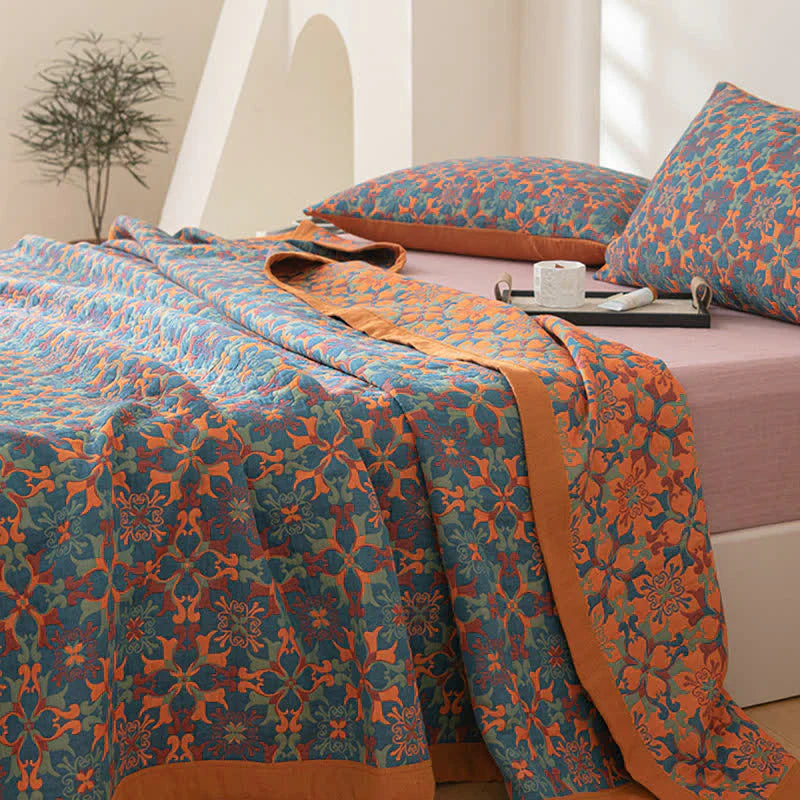 Orange & Blue Pattern Six-Layer Cotton Quilt - TerraLoom