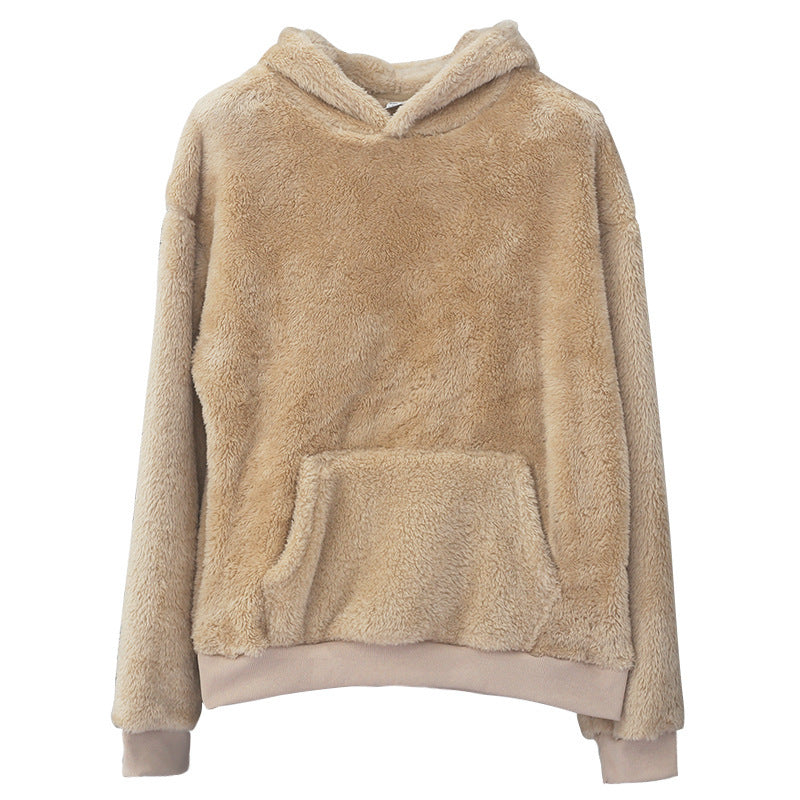 Przytulna bluza z kapturem unisex z polaru teddy o kroju oversize z kieszenią kangurką