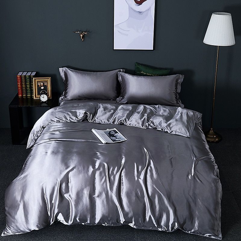 Set (4 pieces) Silk/Satin Bedding Duvet Cover - 2x Pillowcases - Sheet