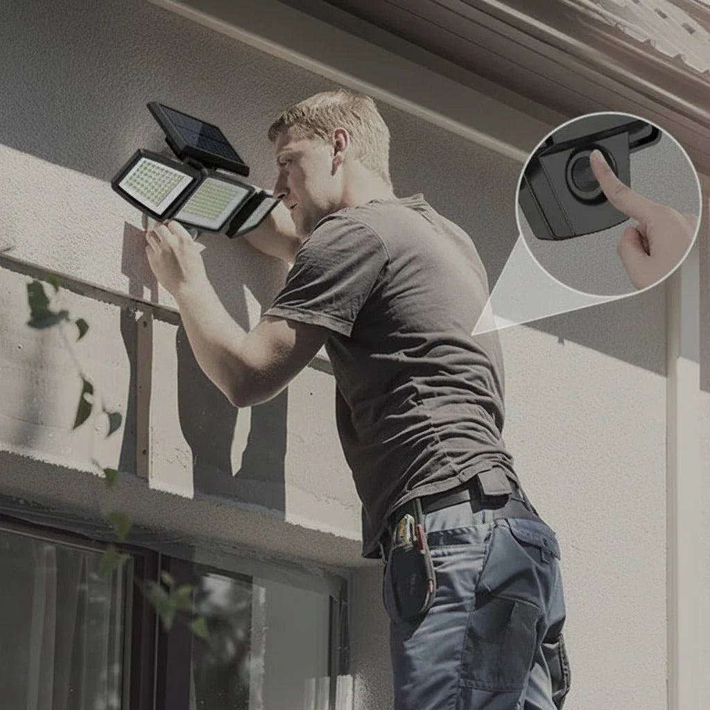 SUNDEFENSE – Solar-powered security light with motion sensor & remote control
