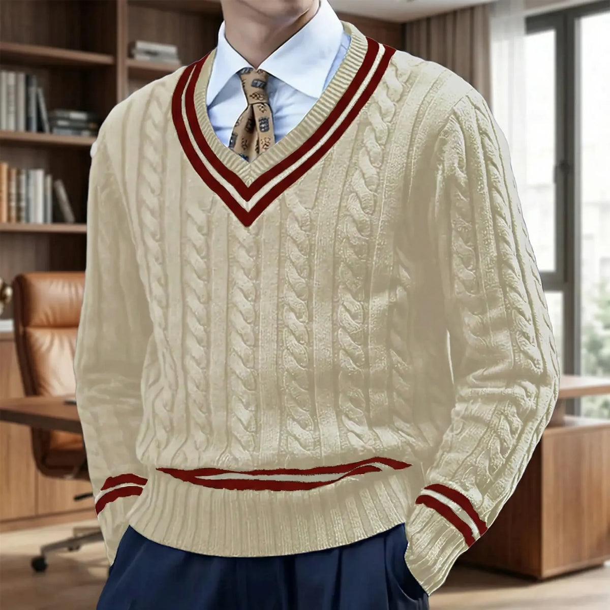 Sweter slim fit z dekoltem w serek