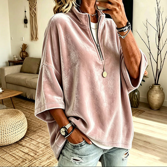 Welurowa bluza ze stójką i krótkim zamkiem