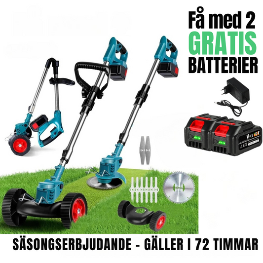 Wireless & Foldable Grass Trimmer 36V – Adjustable Height, Wheels & 3 Blade Types