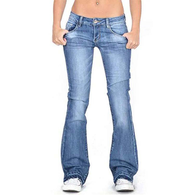 Women's Denim Low-Rise Flared Jeans with Casual Vintage Look & Flared Leg | Glevato