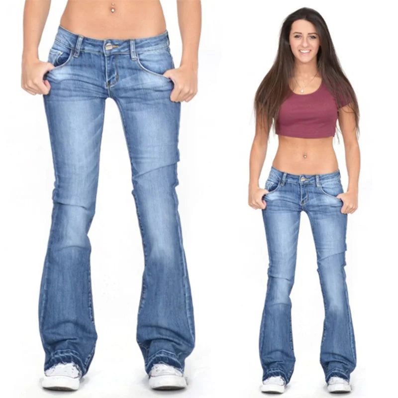 Women's Denim Low-Rise Flared Jeans with Casual Vintage Look & Flared Leg | Glevato