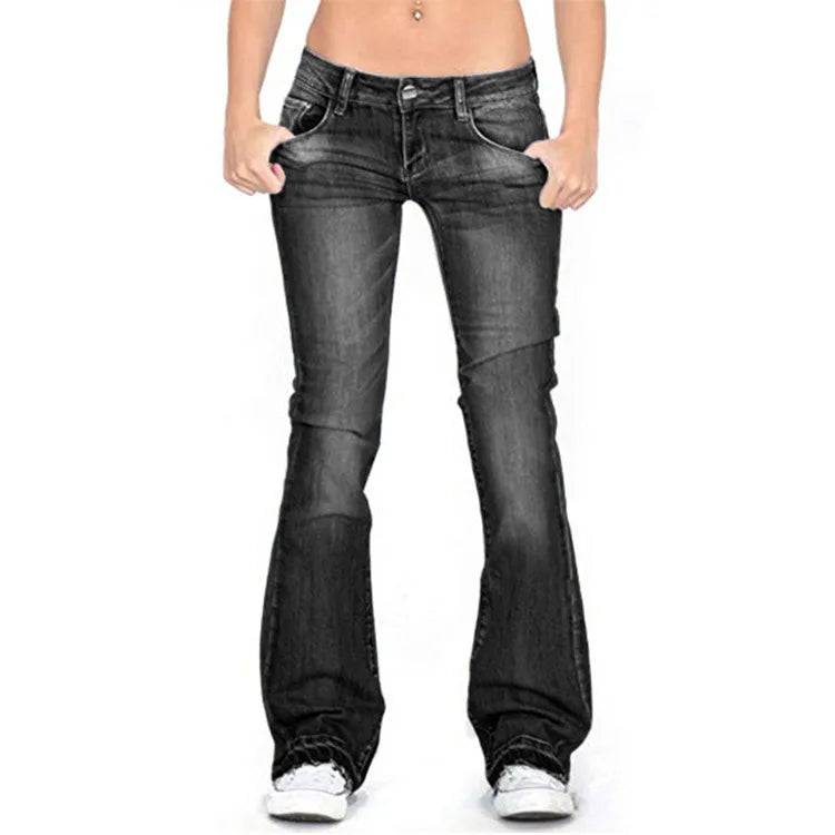 Women's Denim Low-Rise Flared Jeans with Casual Vintage Look & Flared Leg | Glevato