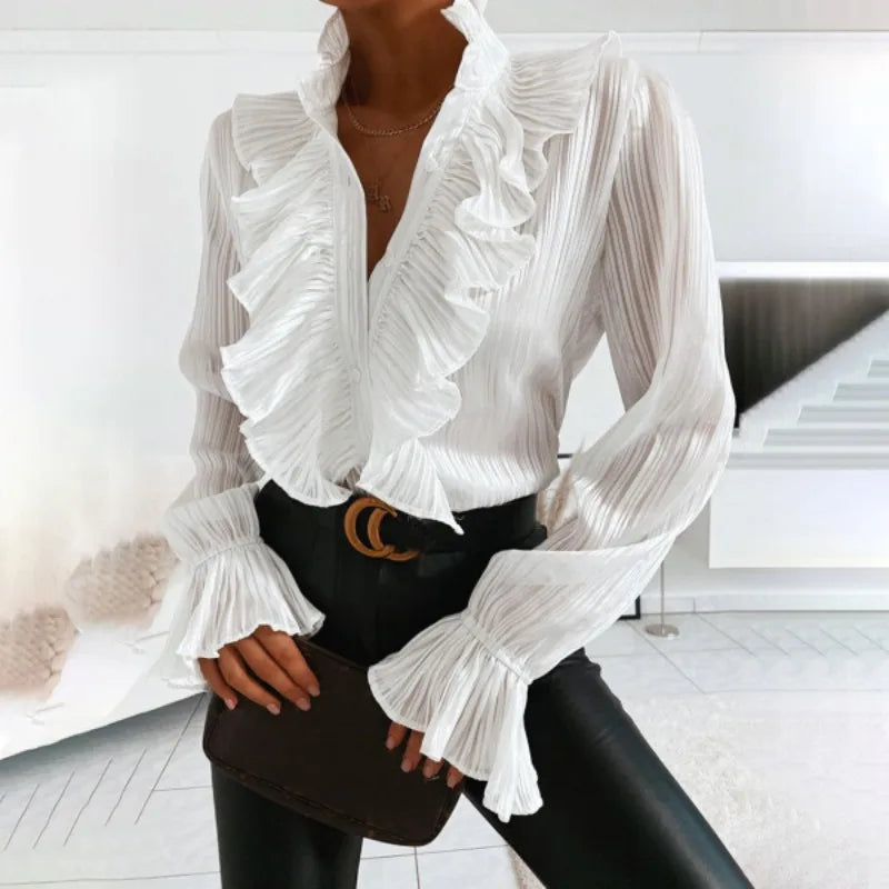 Women's Long Sleeve Buttoned Deep V-Neck Blouse