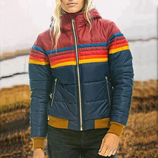 Damska kurtka puchowa w stylu retro z kontrastowymi panelami