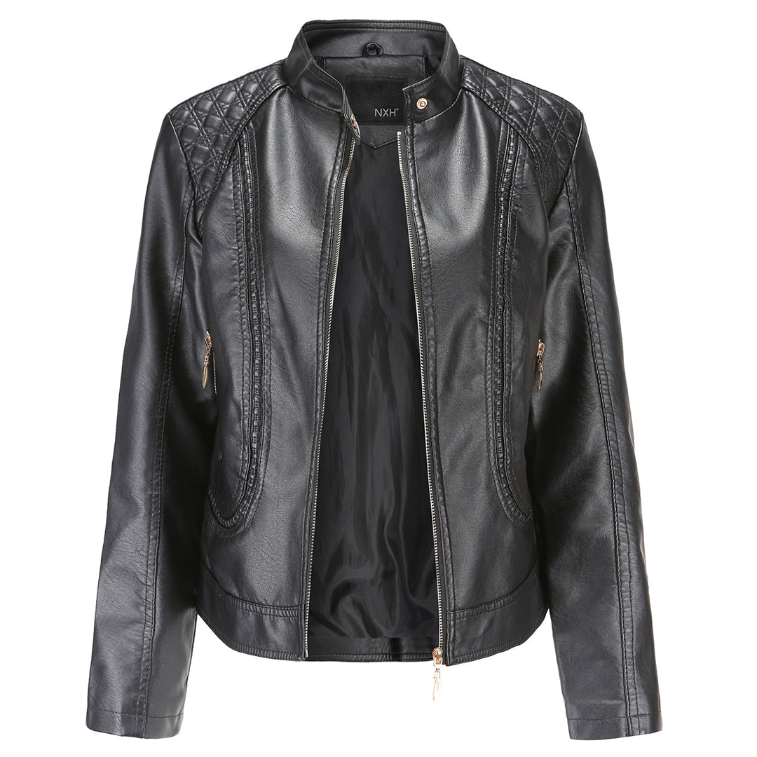 Women's Stand-Up Collar Leather Jacket - Autumn Edition